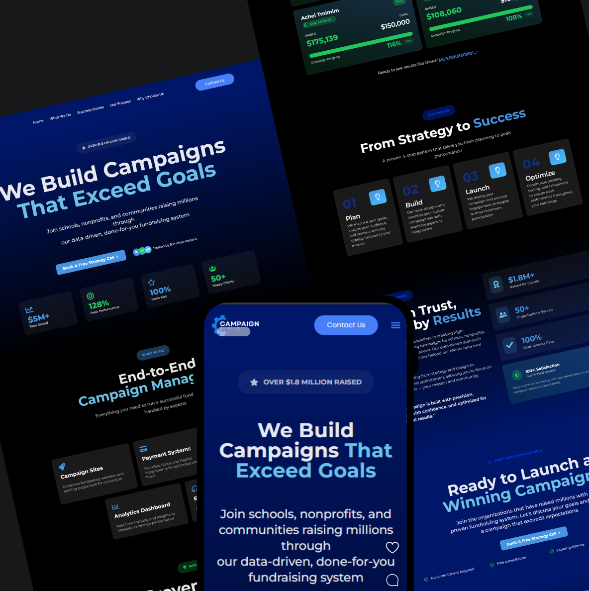 Responsive campaign fundraising website mockup showing desktop and mobile layouts