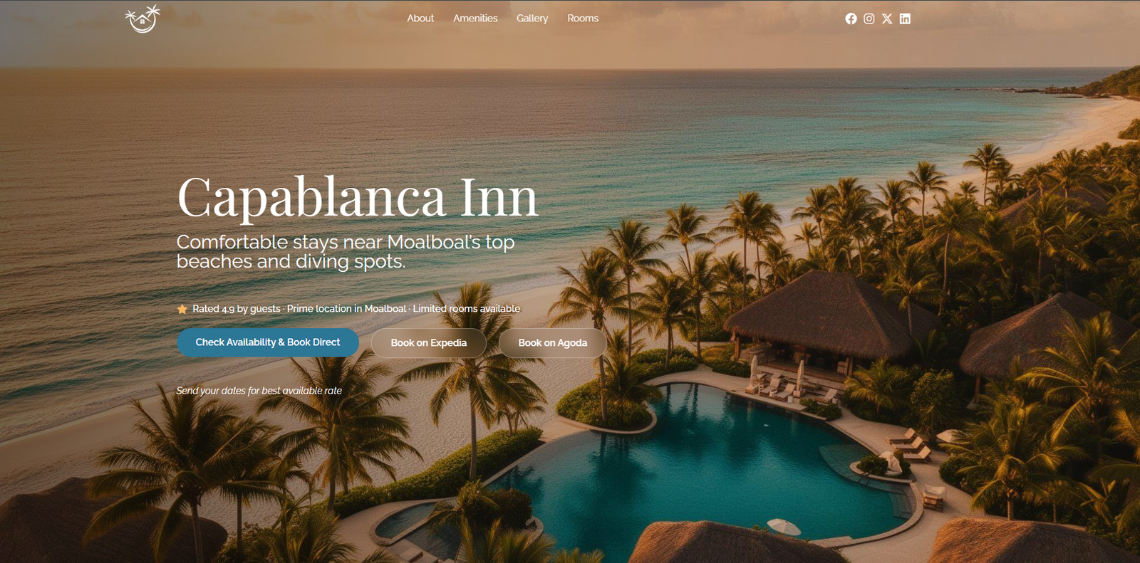 Desktop homepage hero section for Capablanca Inn featuring a tropical beachfront resort with booking buttons