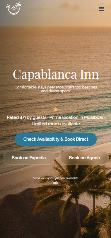 Mobile homepage hero section for Capablanca Inn showing a beach resort background with booking buttons
