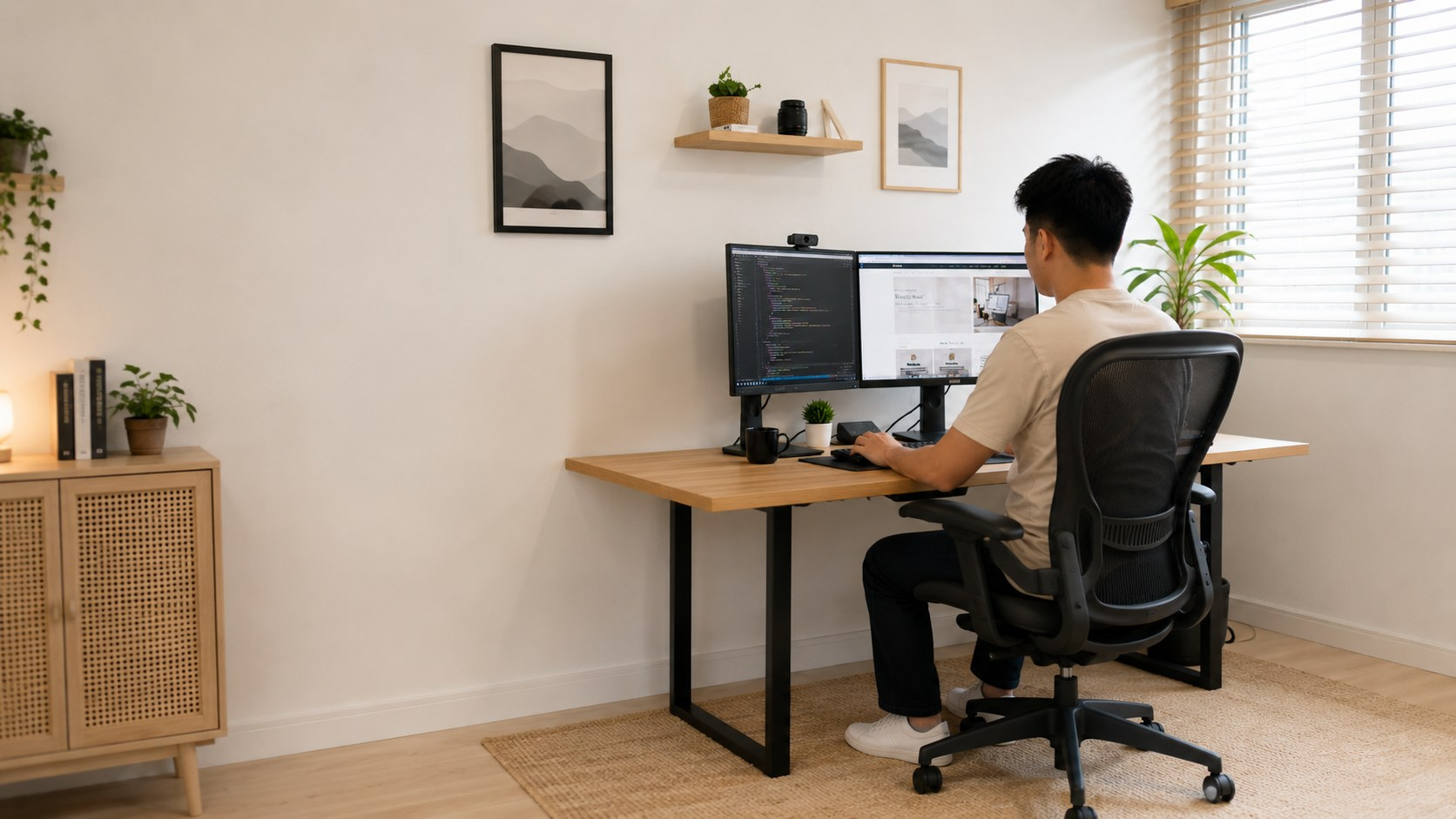 Filipino web developer working from behind at a bright home office desk with dual monitors.