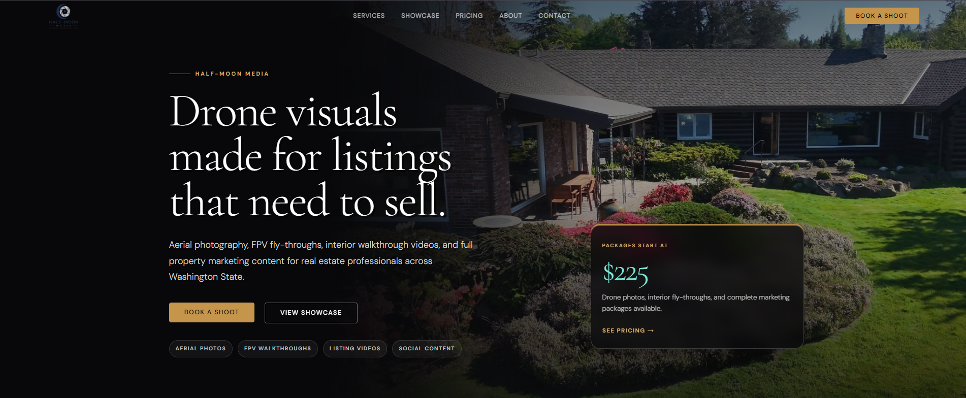 Desktop homepage hero section for Half-Moon Media featuring drone visuals for real estate listings
