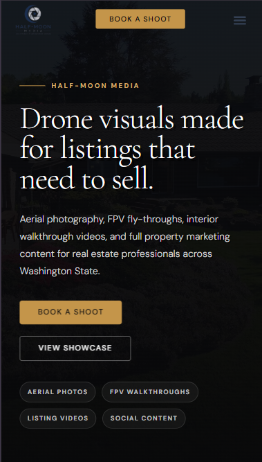 Mobile homepage hero section for Half-Moon Media showing drone visuals and real estate marketing services