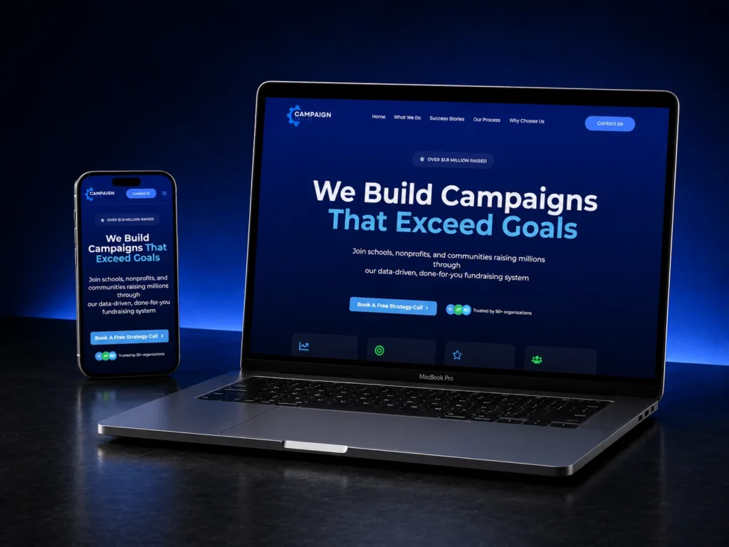 Responsive campaign website design displayed on a laptop and phone with a dark blue studio background.
