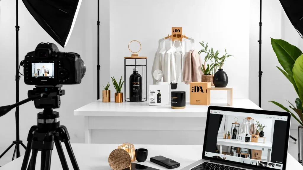 Product photography studio setup with camera, lighting, styled products, and laptop preview.