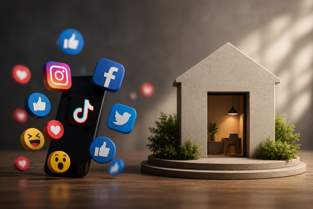 Social media icons beside a business storefront representing the difference between social media and a business website.